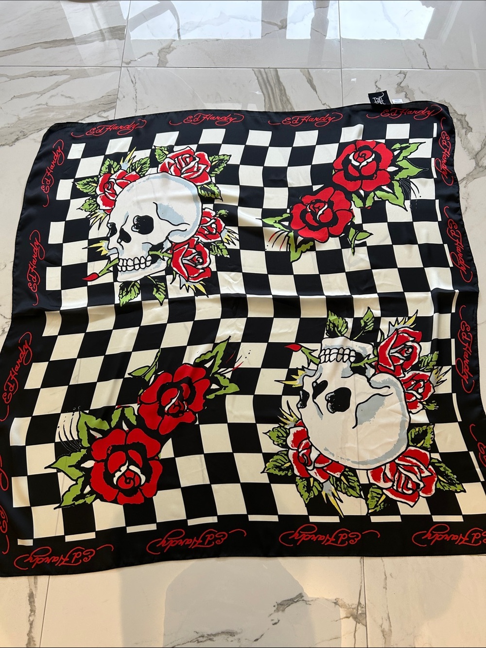 Ed Hardy Black, Red & White Checkerboard Skull Scarf